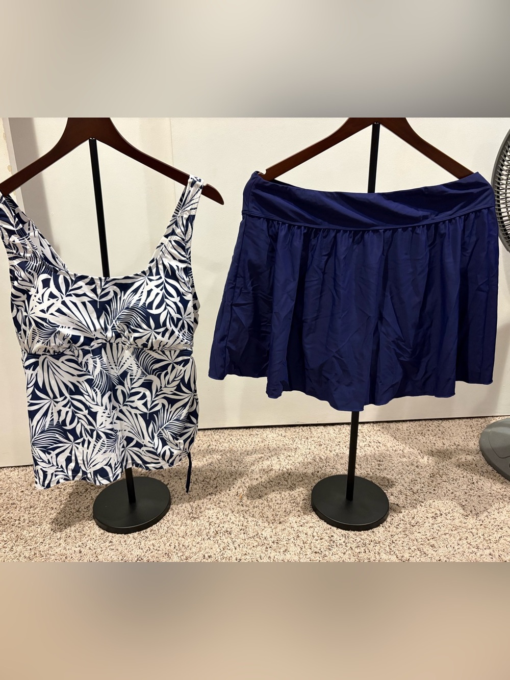 Navy & White Tropical Print Swim Tankini Top with Navy Swim Skirt